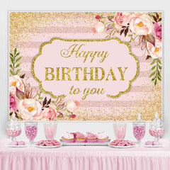 Lofaris Pink Floral and Gold Glitter Happy Birthday Backdrop