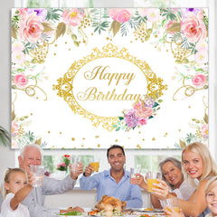 Lofaris Pink Floral And Gold Happy Birthday Backdrop Banner