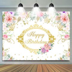 Lofaris Pink Floral And Gold Happy Birthday Backdrop Banner