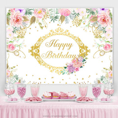 Lofaris Pink Floral And Gold Happy Birthday Backdrop Banner