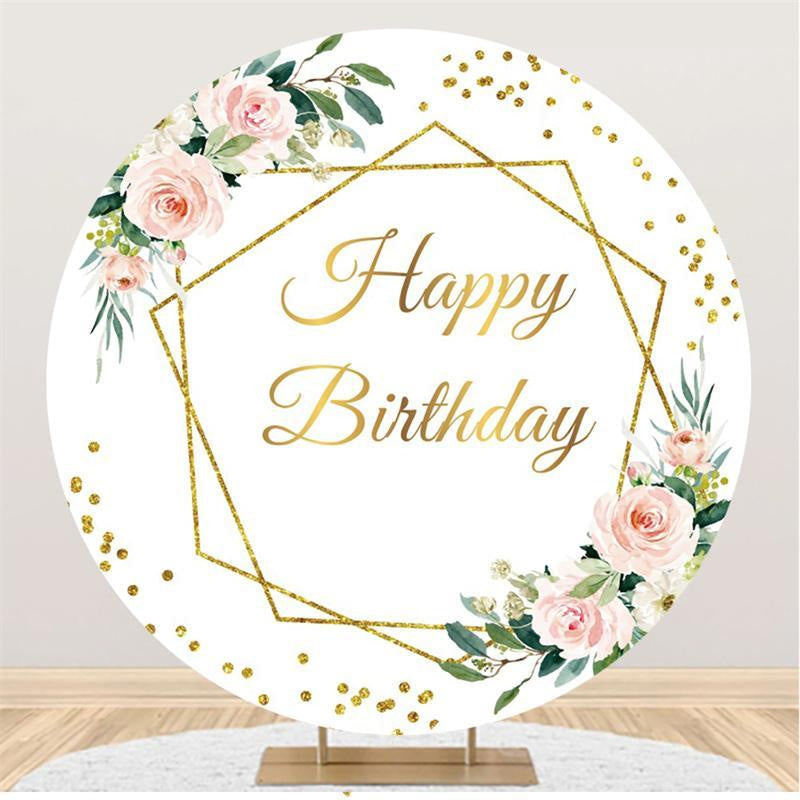 Pink Floral And Gold Happy Birthday Round Backdrop - Lofaris