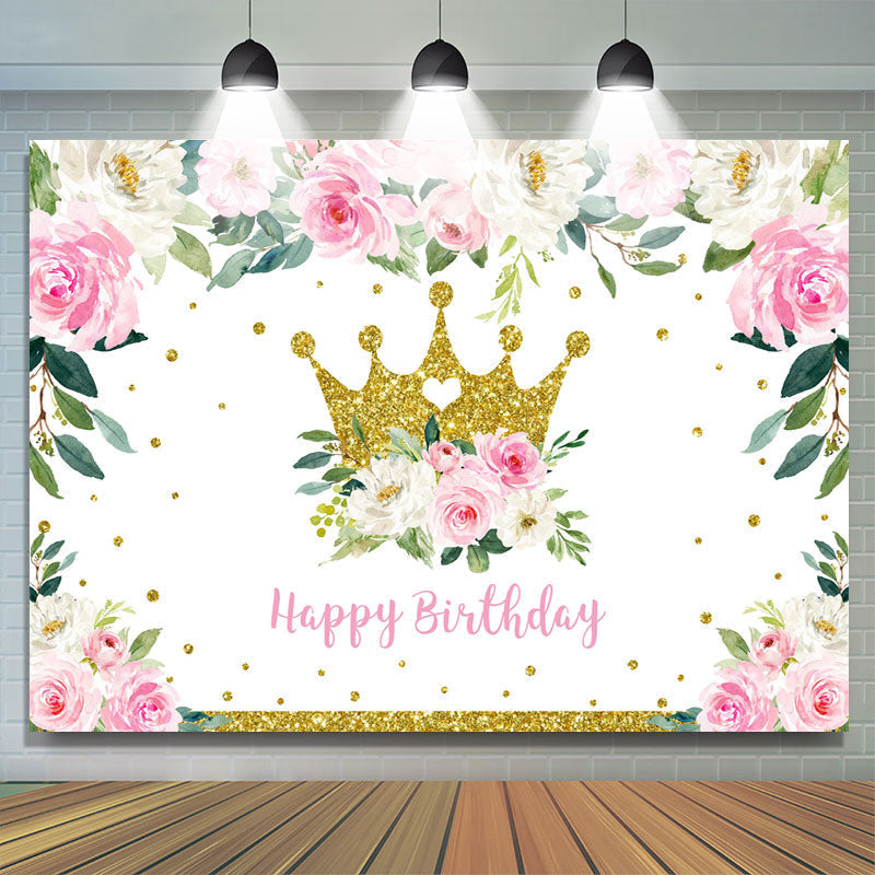 Lofaris Pink Floral and Golden Crown Happy Backdrop for Girl