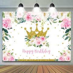 Lofaris Pink Floral and Golden Crown Happy Backdrop for Girl