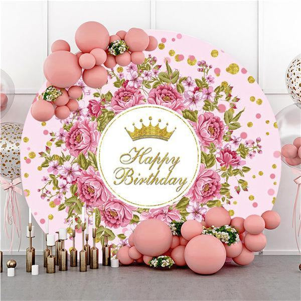 Pink Floral And Golden Round Happy Birthday Backdrop - Lofaris