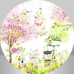 Lofaris Pink Floral And Green Leaves Garden Round Backdrop