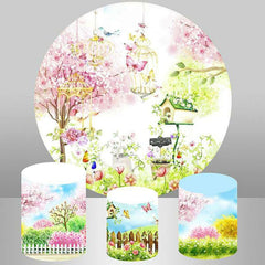 Lofaris Pink Floral And Green Leaves Garden Round Backdrop