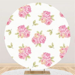 Lofaris Pink Floral And Green Leaves Round Girls Birthday Backdorp