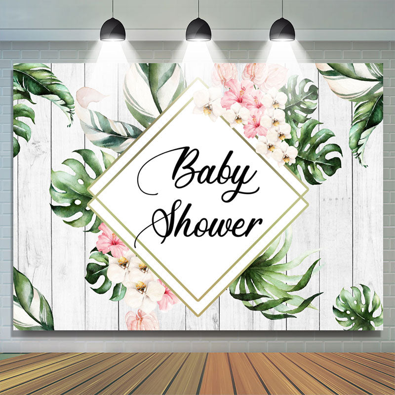 Lofaris Pink Floral And Green Leaves Wood Baby Shower Backdrop