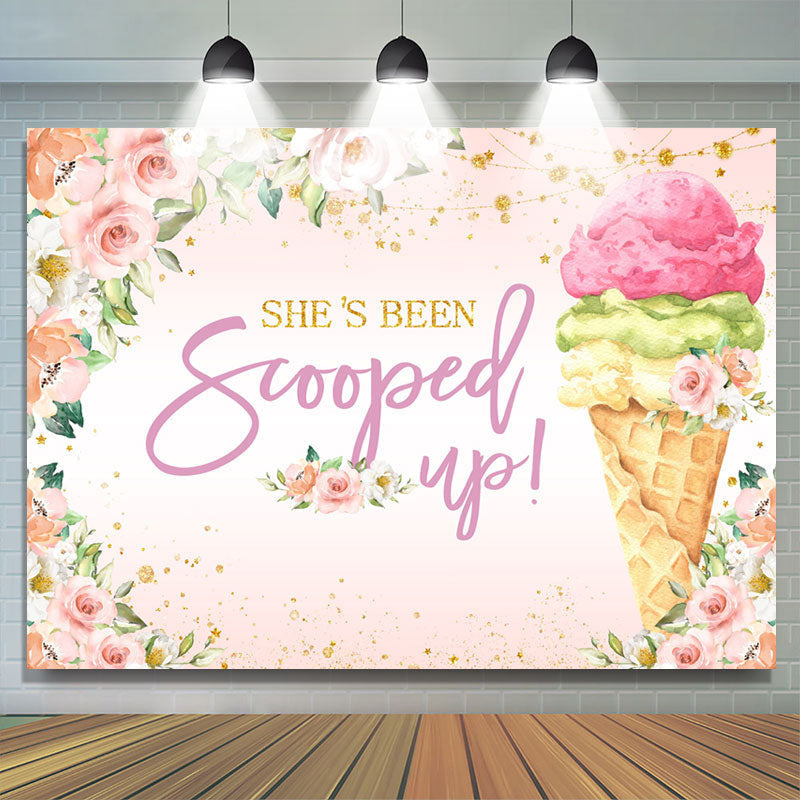 Lofaris Pink Floral And Ice Cream Glitter Happy Birthday Backdrop