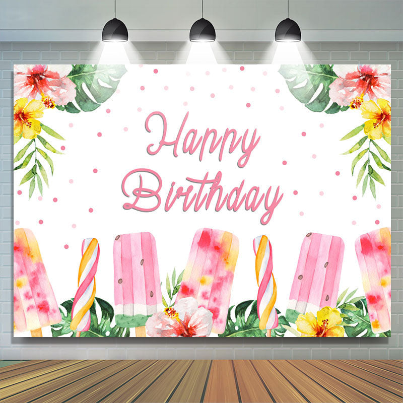 Lofaris Pink Floral And Ice Cream Happy Summer Birthday Backdrop