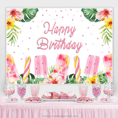 Lofaris Pink Floral And Ice Cream Happy Summer Birthday Backdrop