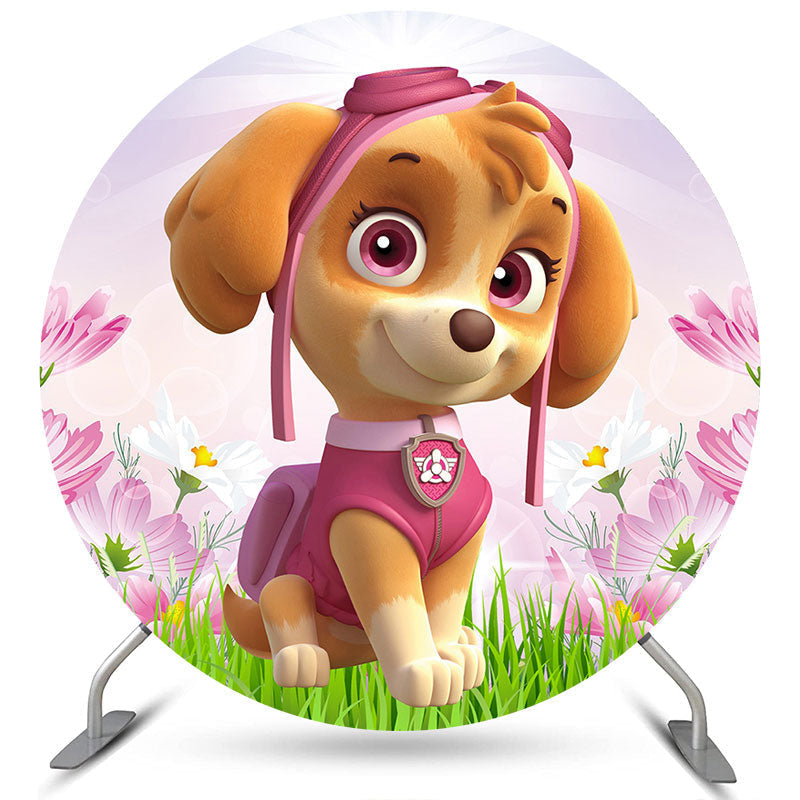 Lofaris Pink Floral And Little Dog Round Birthday Backdrop