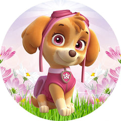 Lofaris Pink Floral And Little Dog Round Birthday Backdrop