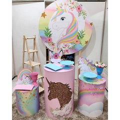 Lofaris Pink Floral And Unicorn Round Girls Birthday Backdrop Kit