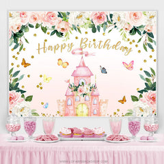 Lofaris Pink Floral Butterfly Castle Happy Birthday Backdrop