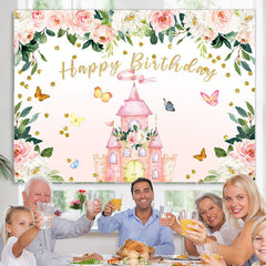 Lofaris Pink Floral Butterfly Castle Happy Birthday Backdrop