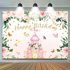 Lofaris Pink Floral Butterfly Castle Happy Birthday Backdrop