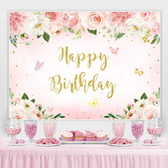 Lofaris Pink Floral Butterfly Glitter Happy Birthday Backdrop