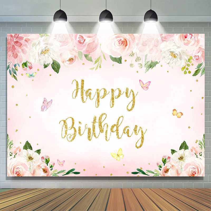 Lofaris Pink Floral Butterfly Glitter Happy Birthday Backdrop