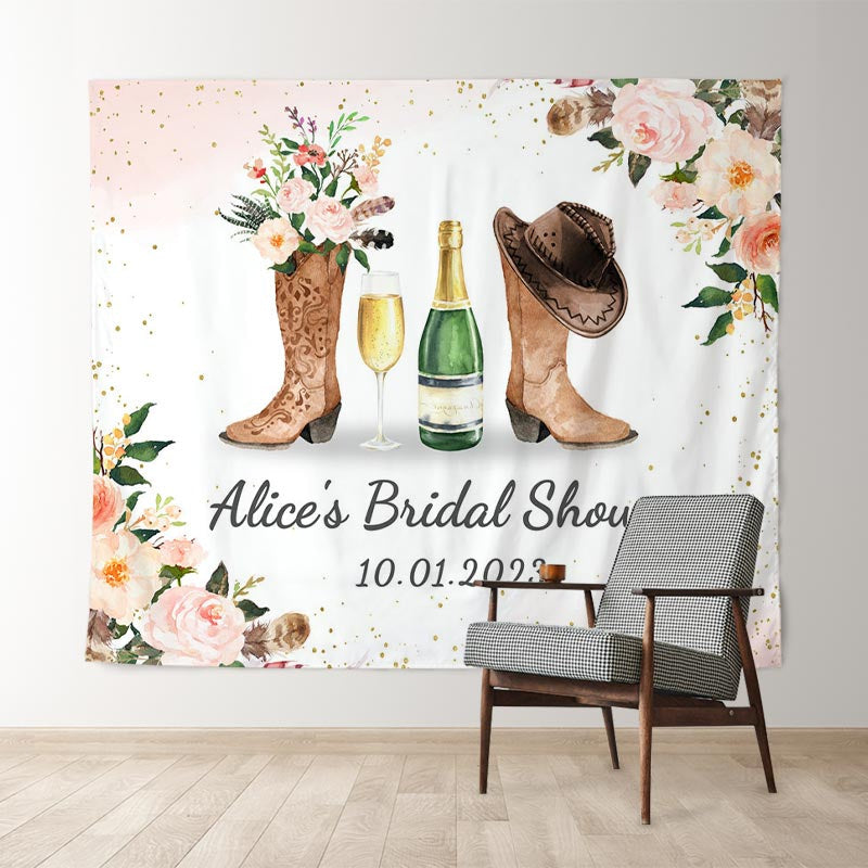 Lofaris Pink Floral Glitter Boots And Bubbly Bridal Shower Backdrop