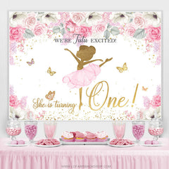 Lofaris Pink Floral Glitter Butterfly Happy 1st Birthday Backdrop