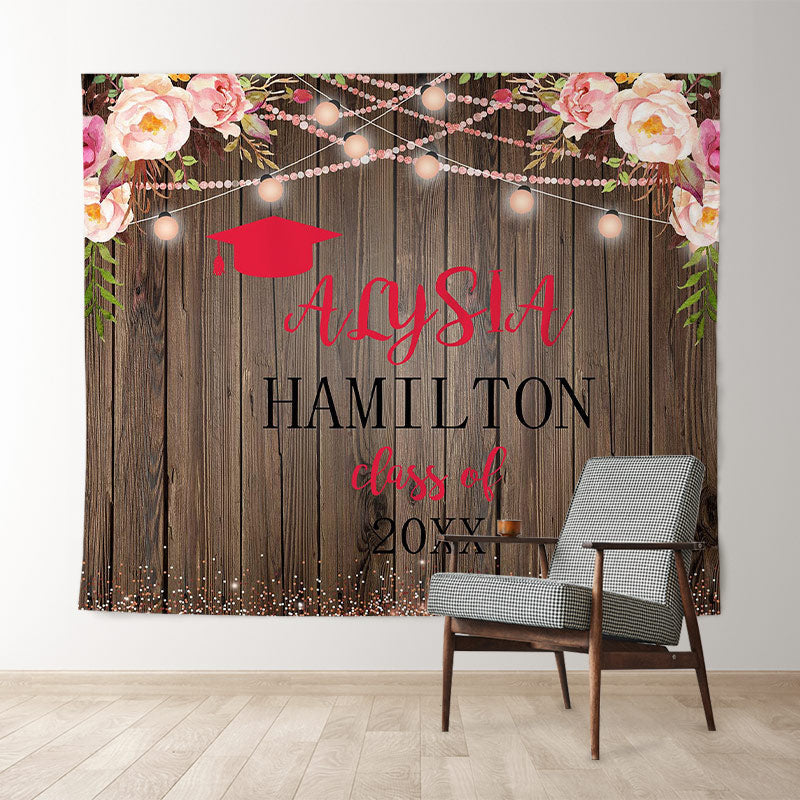 Lofaris Pink Floral Glitter Class Of 2022 Brown Wood Backdrop