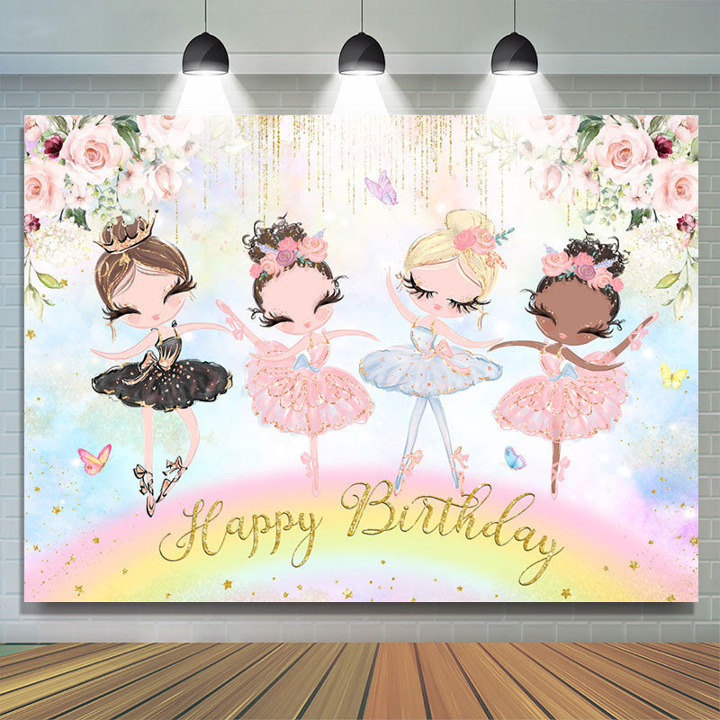 Lofaris Pink Floral Glitter Dance Girl Happy Birthday Backdrop