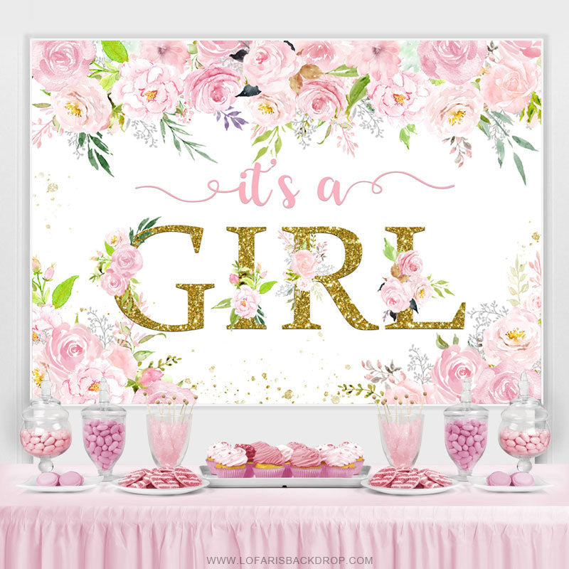 Pink Floral Glitter Its A Girl Baby Shower Backdrop – Lofaris