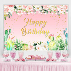 Lofaris Pink Floral Glitter Plant Theme Happy Birthday Backdrop