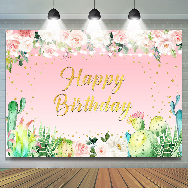 Lofaris Pink Floral Glitter Plant Theme Happy Birthday Backdrop