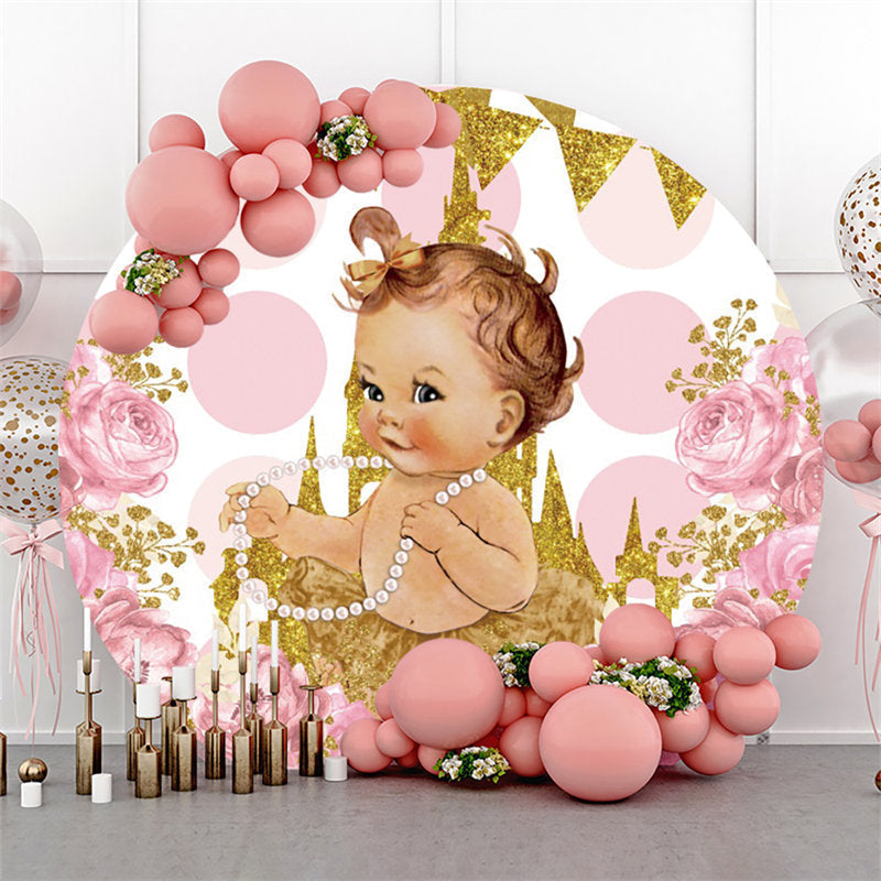 Lofaris Pink Floral Gold Glitter Castle Baby Shower Backdrop