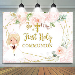 Lofaris Pink Floral Gold Glitter First Holy Communion Backdrop