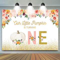 Lofaris Pink Floral Gold Glitter Pumpkin 1st Birthday Backdrop