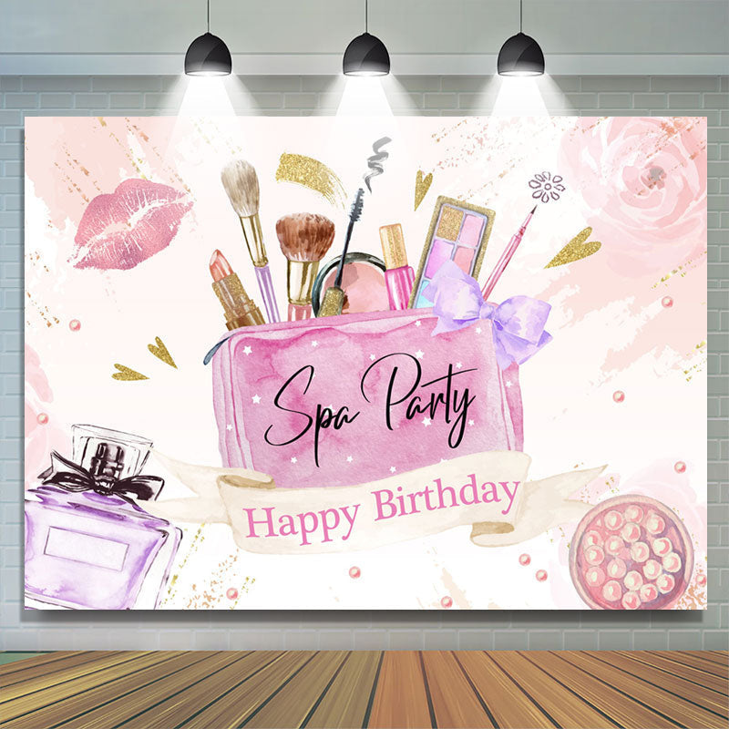 Lofaris Pink Floral Gold Glitter Spa Party Happy Birthday Backdrop