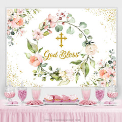Lofaris Pink Floral Gold God Bless Baby Shower Backdrop Banner
