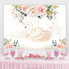 Lofaris Pink Floral Green Leaf Gold Glitter Swan Birthday Backdrop