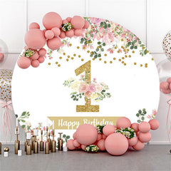 Lofaris Pink Floral Green Leaves Gold Happy 1st Birthday Backdrop