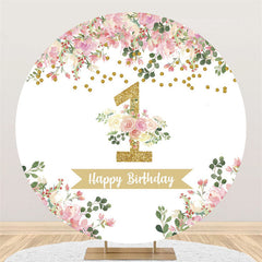 Lofaris Pink Floral Green Leaves Gold Happy 1st Birthday Backdrop