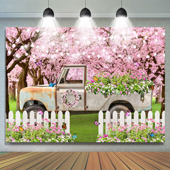Lofaris Pink Floral Tree White Truck Grass Spring Backdrop