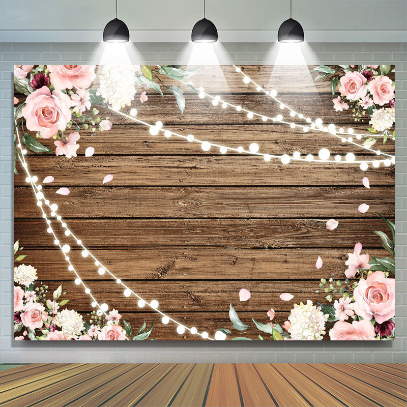 Pink Floral With Light Wood Baby Girls Shower Backdrop
