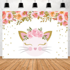 Lofaris Pink Flower And Cat Happy Birthday Backdrop For Girl