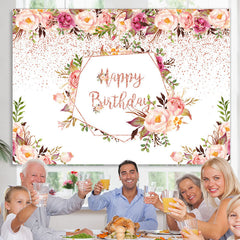 Lofaris Pink Flower And Green Plants Happy Birthday Backdrop