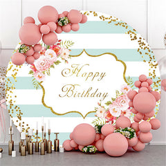 Lofaris Pink Flower And Stripe Happy Birthday Round Backdrop