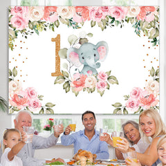 Lofaris Pink Flowers Elephant Theme Happy 1St Birthday Backdrop