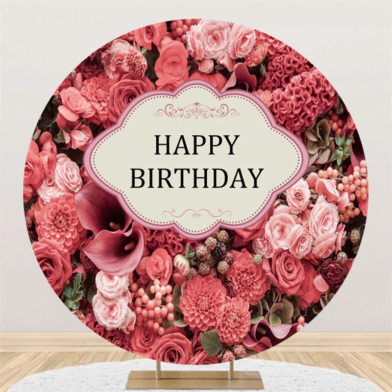 Pink Flowers Happy Birthday Circle Backdrop For Girl - Lofaris