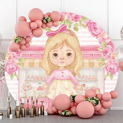 Lofaris Pink Girl And Cake Store Round Birthday Party Backdrop