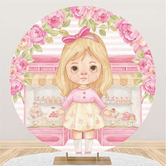 Lofaris Pink Girl And Cake Store Round Birthday Party Backdrop