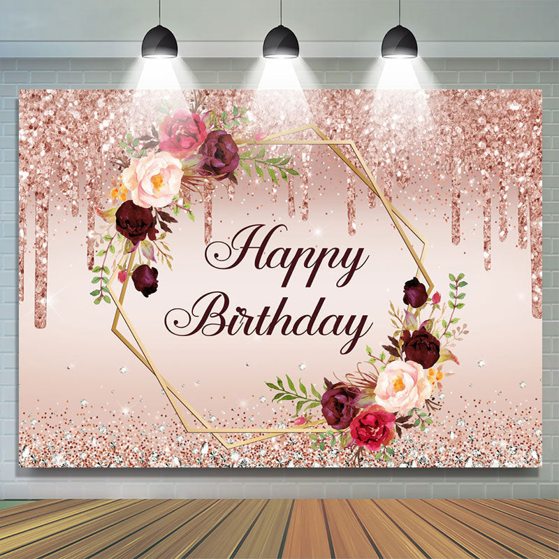 Pink Glitter And Floral Happy Birthday Party Backdrop – Lofaris