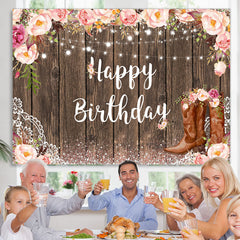 Lofaris Pink Glitter Floral Wooden Happy Birthday Backdrop