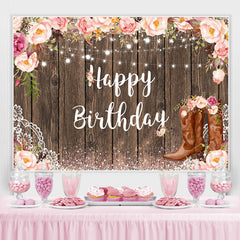 Lofaris Pink Glitter Floral Wooden Happy Birthday Backdrop